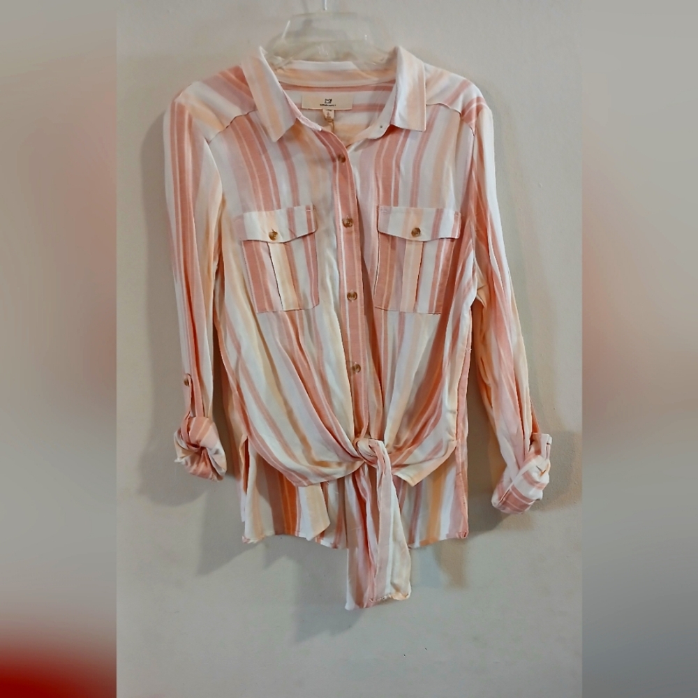 NWT Thead+suppy Striped Button-Up Shirt with Tie Front SZ L.